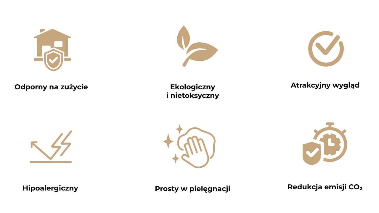 Obraz
            przedstawia sześć ikon opisujących zalety korka ściennego i korka dekoracyjnego